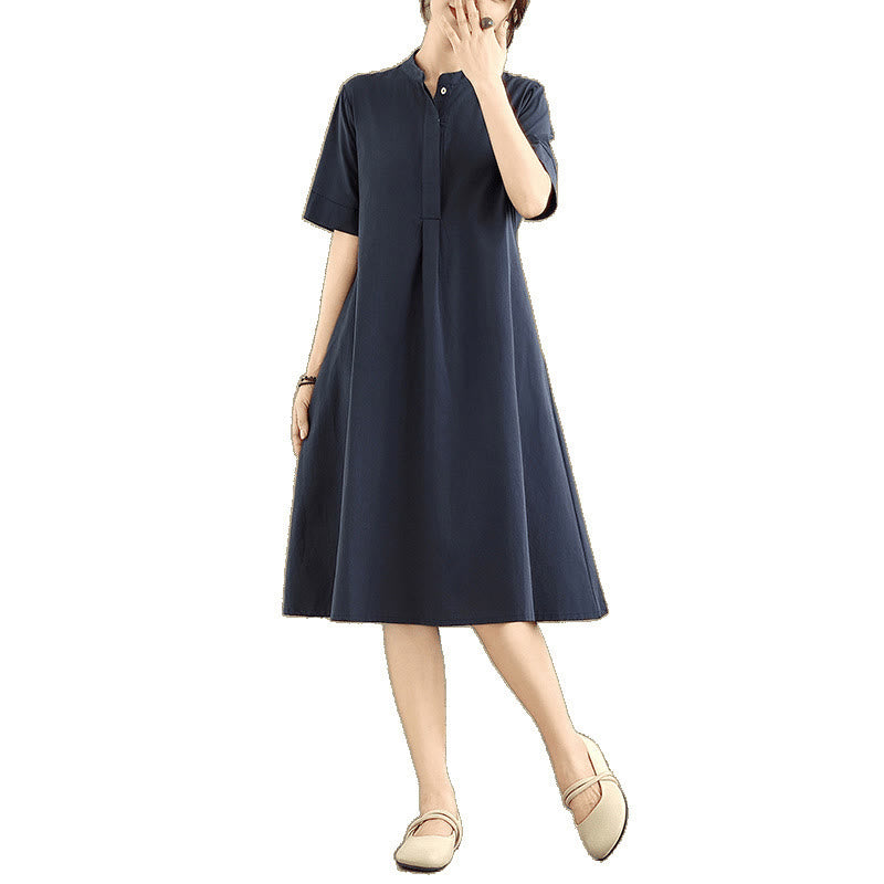 Buddha Stones通勤用チェック柄シンプルデザインコットン半袖ミディドレス（ポケット付き） - image 10