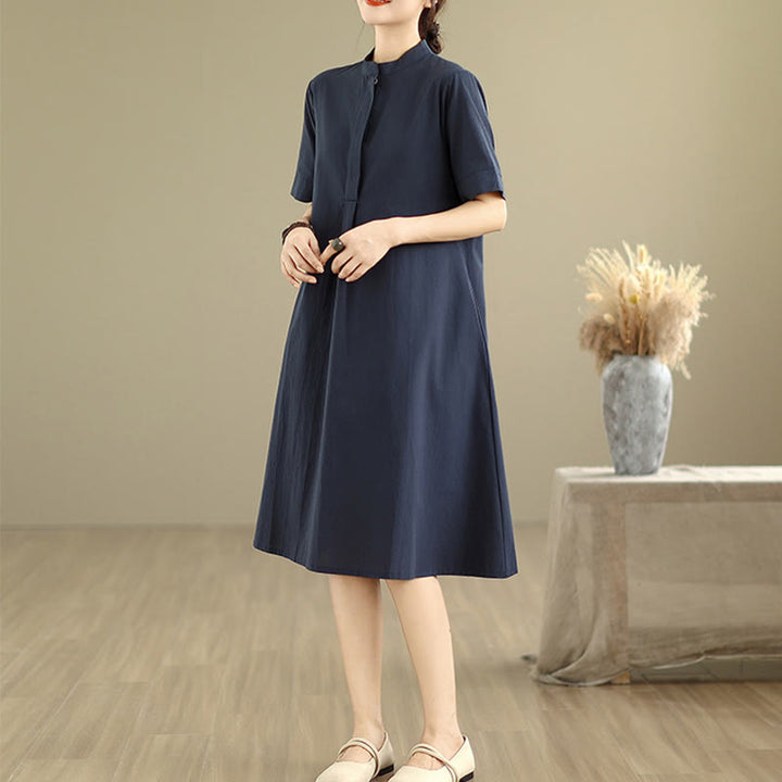 Buddha Stones通勤用チェック柄シンプルデザインコットン半袖ミディドレス（ポケット付き） - image 3