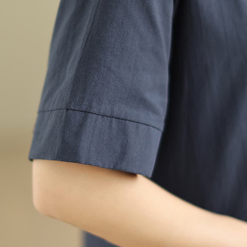 Buddha Stones通勤用チェック柄シンプルデザインコットン半袖ミディドレス（ポケット付き） - image 7