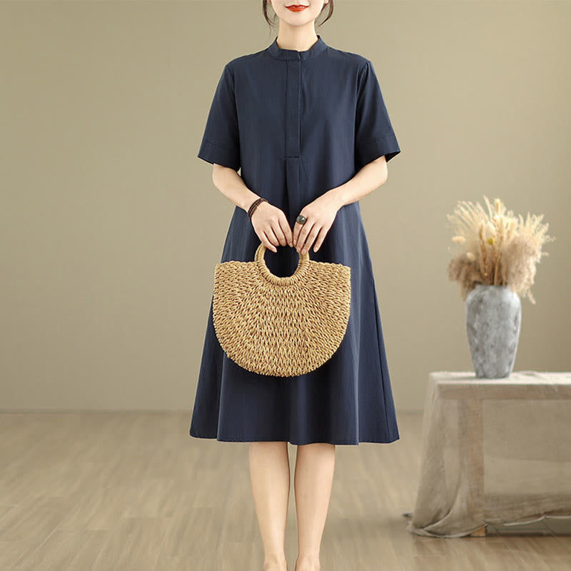 Buddha Stones通勤用チェック柄シンプルデザインコットン半袖ミディドレス（ポケット付き） - image 2