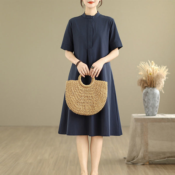 Buddha Stones通勤用チェック柄シンプルデザインコットン半袖ミディドレス（ポケット付き） - image 2