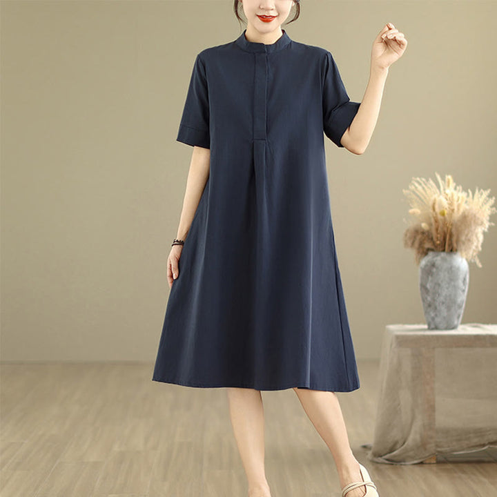 Buddha Stones通勤用チェック柄シンプルデザインコットン半袖ミディドレス（ポケット付き） - image 5