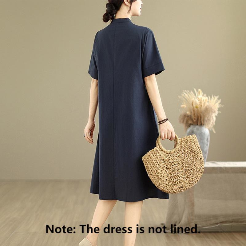 Buddha Stones通勤用チェック柄シンプルデザインコットン半袖ミディドレス（ポケット付き） - image 1