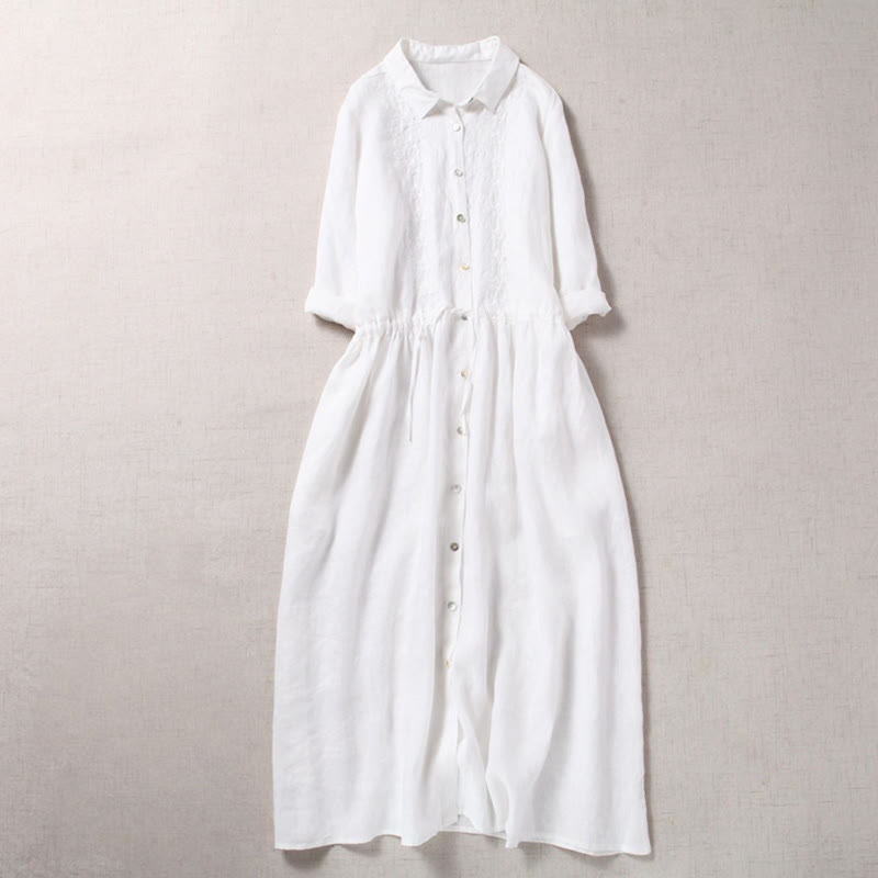 Buddha Stonesの秋のヴィンテージ刺繍ボタンドローストリングデザインコットンリネン長袖ミディドレス（ポケット付き） - 白 - US8-10，UK/AU12-14，EU40-42 (2XL) - image 13