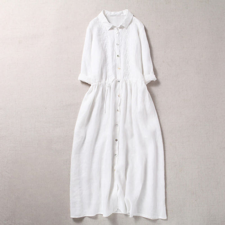 Buddha Stonesの秋のヴィンテージ刺繍ボタンドローストリングデザインコットンリネン長袖ミディドレス（ポケット付き） - 白 - US8-10，UK/AU12-14，EU40-42 (2XL) - image 13