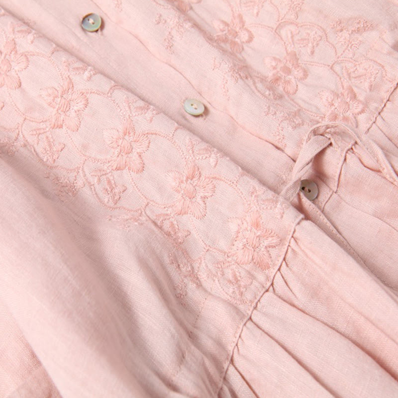 Buddha Stonesの秋のヴィンテージ刺繍ボタンドローストリングデザインコットンリネン長袖ミディドレス（ポケット付き） - image 9