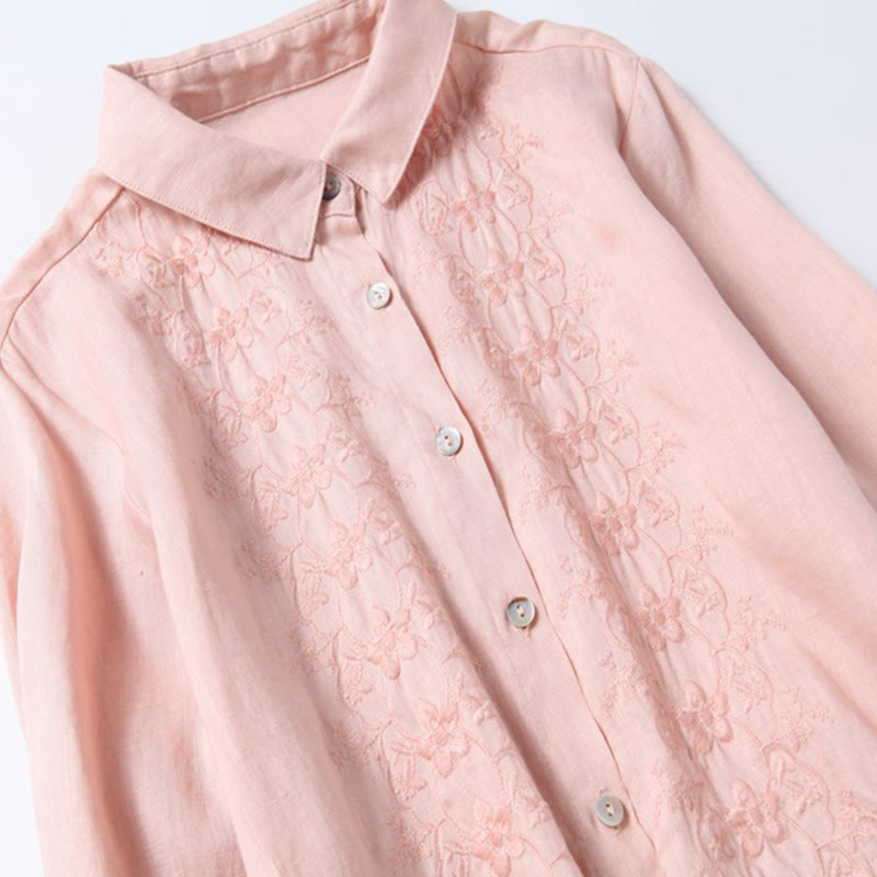 Buddha Stonesの秋のヴィンテージ刺繍ボタンドローストリングデザインコットンリネン長袖ミディドレス（ポケット付き） - image 3