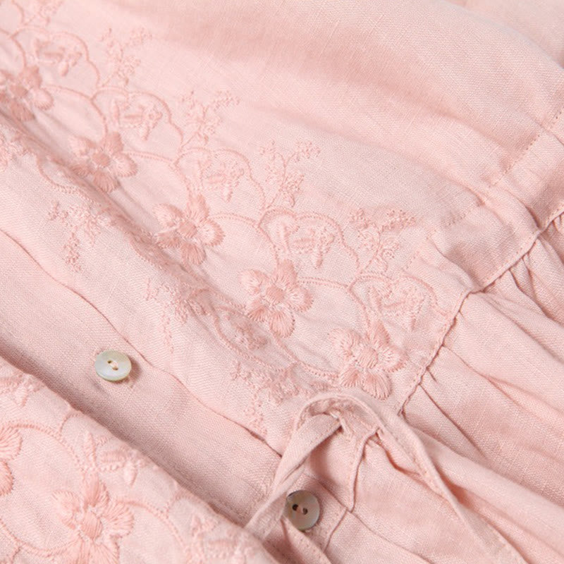 Buddha Stonesの秋のヴィンテージ刺繍ボタンドローストリングデザインコットンリネン長袖ミディドレス（ポケット付き） - image 10