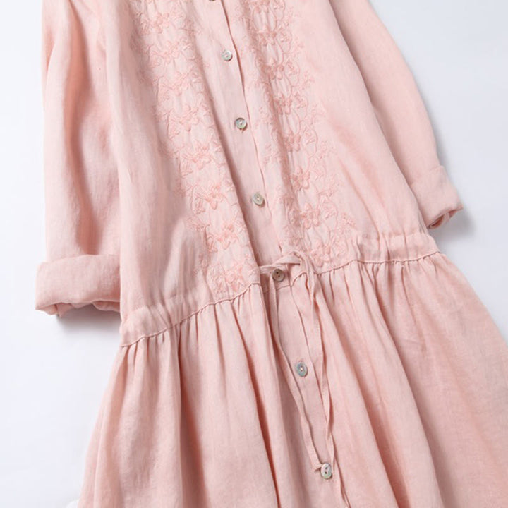 Buddha Stonesの秋のヴィンテージ刺繍ボタンドローストリングデザインコットンリネン長袖ミディドレス（ポケット付き） - image 4