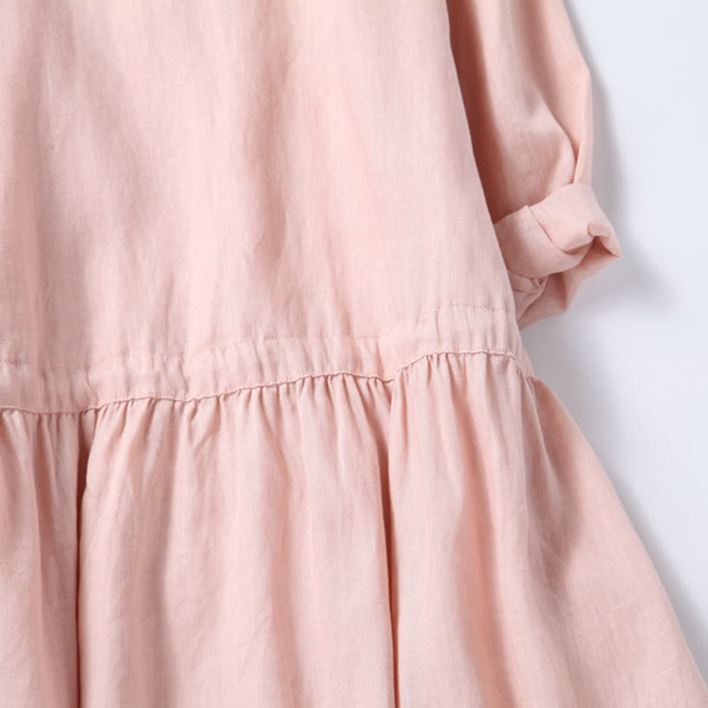 Buddha Stonesの秋のヴィンテージ刺繍ボタンドローストリングデザインコットンリネン長袖ミディドレス（ポケット付き） - image 7