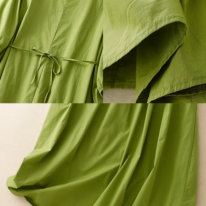 Buddha Stonesヴィンテージ レースアップ シンプルデザイン コットンリネン 七分丈パフスリーブ ミディドレス ポケット付き - image 5