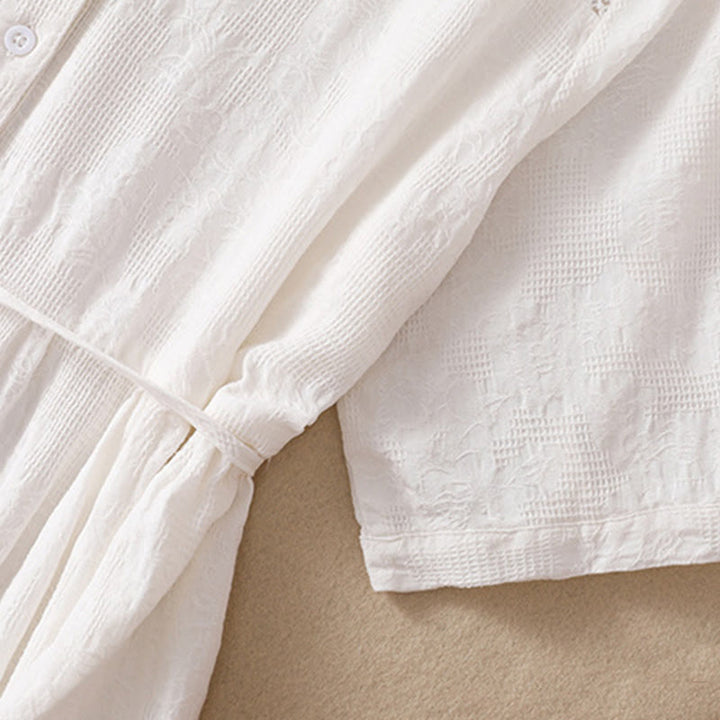 Buddha Stonesサマー 無地 中空 ジャカードデザイン コットン 半袖 ミディドレス ポケット付き - image 3