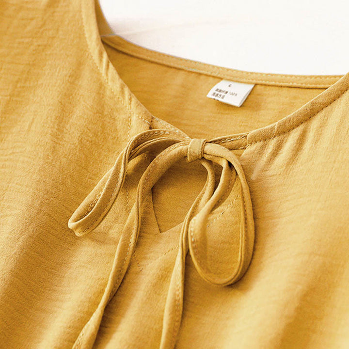 Buddha Stonesカジュアル 無地 ハンドメイド レースアップ ミディドレス コットンリネン ノースリーブ ポケット付き - image 12