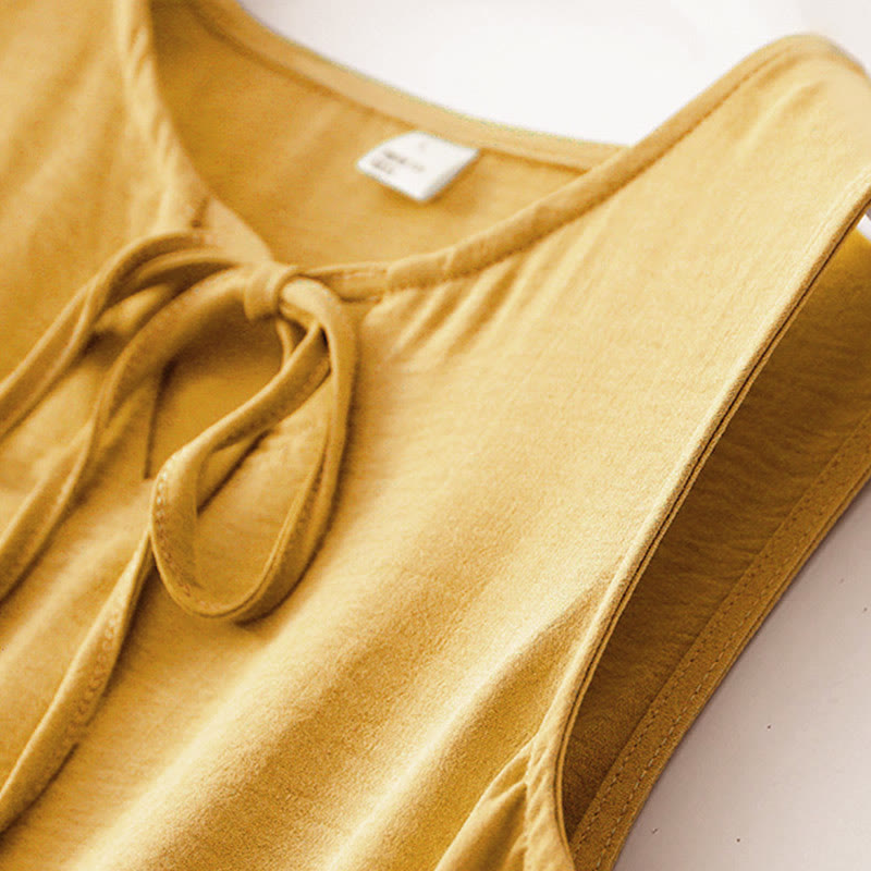 Buddha Stonesカジュアル 無地 ハンドメイド レースアップ ミディドレス コットンリネン ノースリーブ ポケット付き - image 16