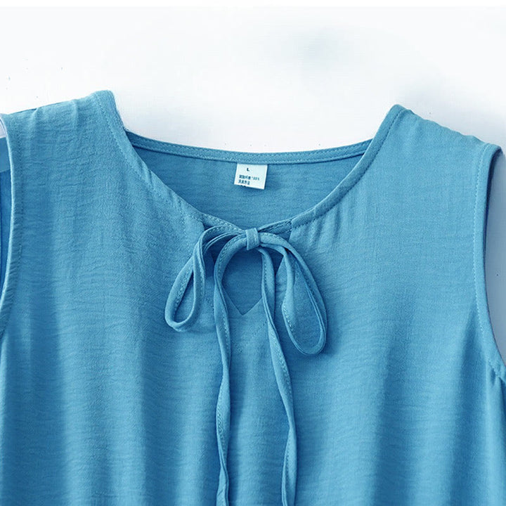 Buddha Stonesカジュアル 無地 ハンドメイド レースアップ ミディドレス コットンリネン ノースリーブ ポケット付き - image 9