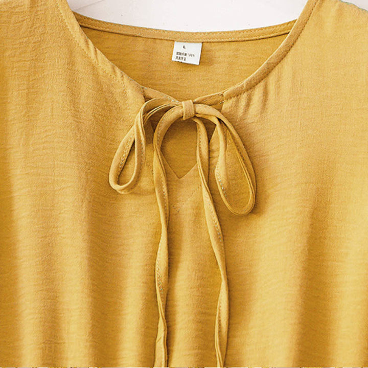 Buddha Stonesカジュアル 無地 ハンドメイド レースアップ ミディドレス コットンリネン ノースリーブ ポケット付き - image 14