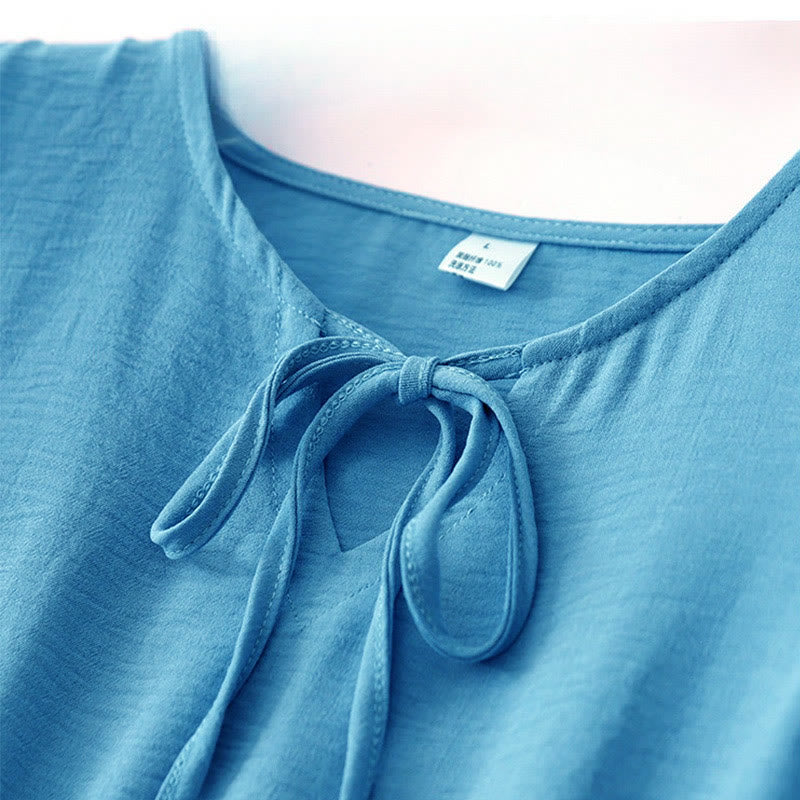 Buddha Stonesカジュアル 無地 ハンドメイド レースアップ ミディドレス コットンリネン ノースリーブ ポケット付き - image 2