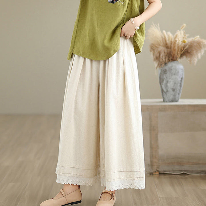 Buddha Stones通勤用 シンプル レースデザイン 7-8丈 レディース ワイドレッグ コットンリネン パンツ ポケット付き - image 2