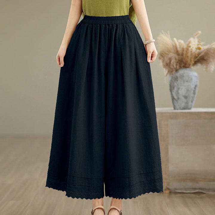 Buddha Stones通勤用 シンプル レースデザイン 7-8丈 レディース ワイドレッグ コットンリネン パンツ ポケット付き - image 14