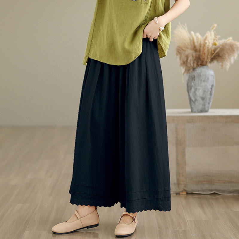 Buddha Stones通勤用 シンプル レースデザイン 7-8丈 レディース ワイドレッグ コットンリネン パンツ ポケット付き - image 12