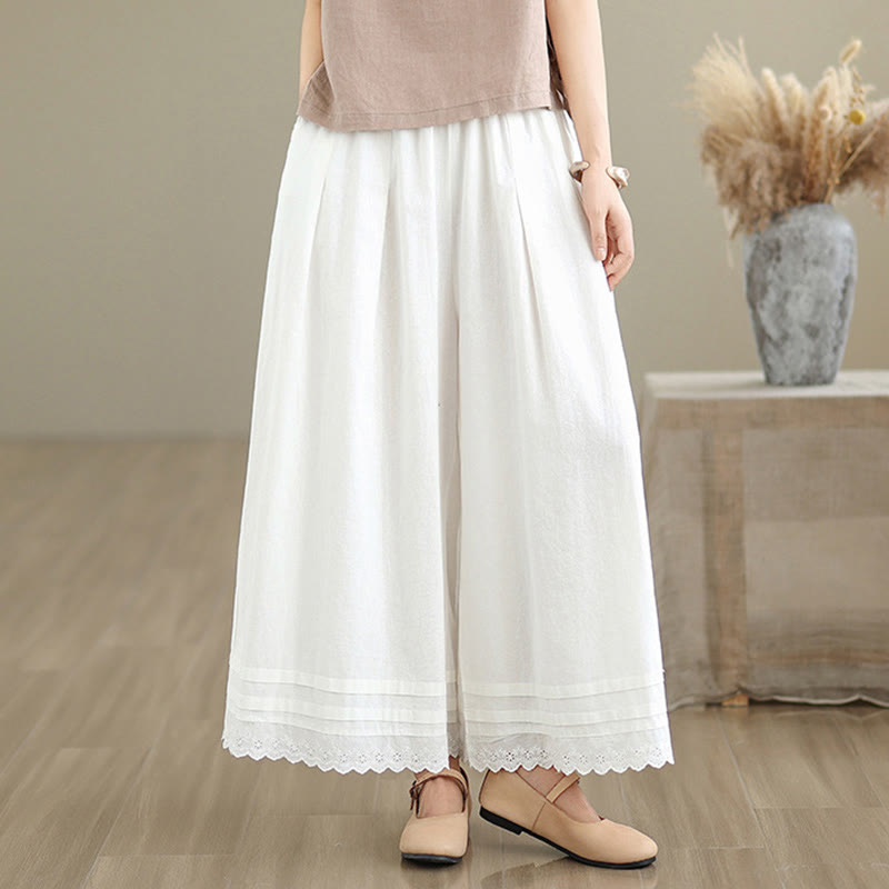 Buddha Stones通勤用 シンプル レースデザイン 7-8丈 レディース ワイドレッグ コットンリネン パンツ ポケット付き - image 21