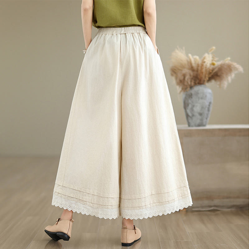 Buddha Stones通勤用 シンプル レースデザイン 7-8丈 レディース ワイドレッグ コットンリネン パンツ ポケット付き - image 1