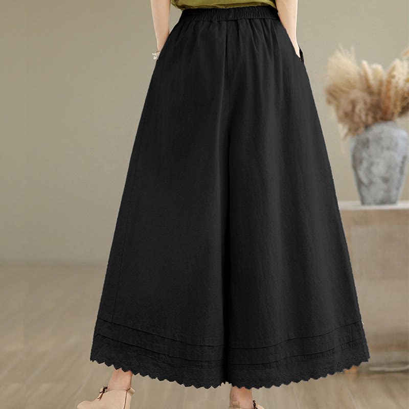 Buddha Stones通勤用 シンプル レースデザイン 7-8丈 レディース ワイドレッグ コットンリネン パンツ ポケット付き - image 15