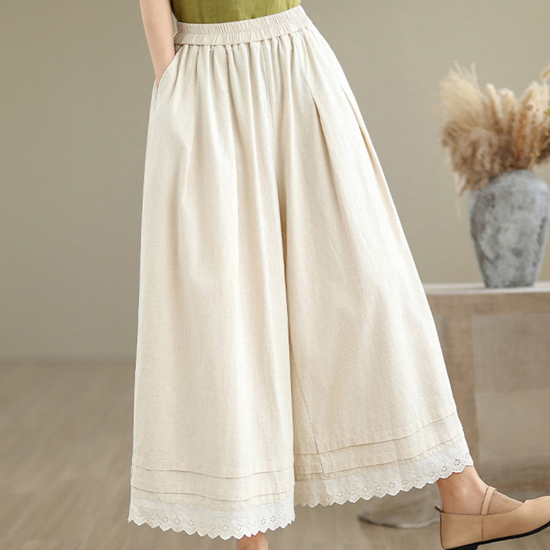Buddha Stones通勤用 シンプル レースデザイン 7-8丈 レディース ワイドレッグ コットンリネン パンツ ポケット付き - image 6