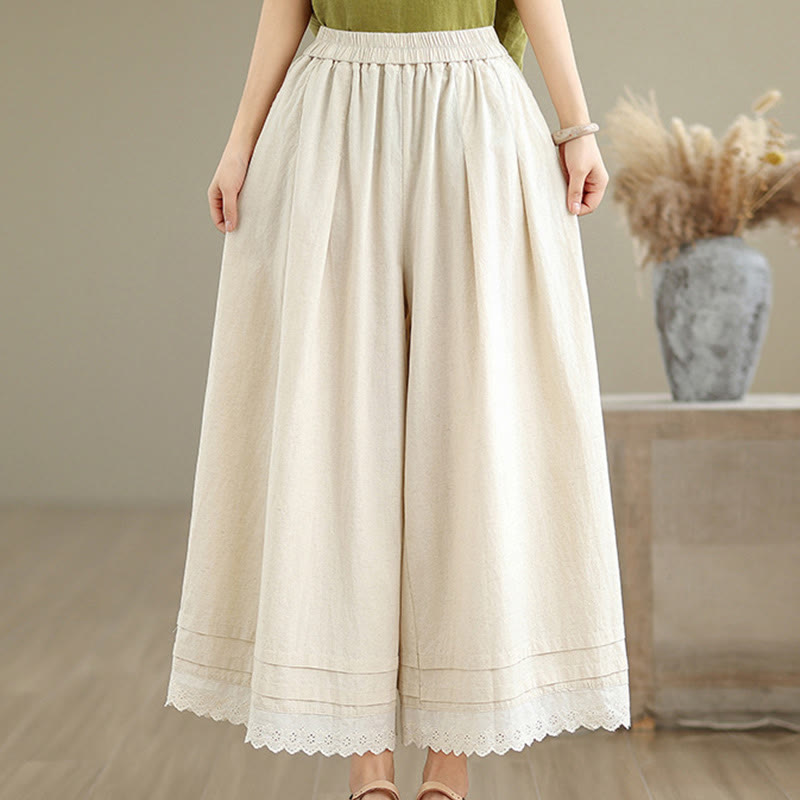 Buddha Stones通勤用シンプルレースデザイン7-8丈レディースワイドレッグコットンパンツ（ポケット付き） - image 3