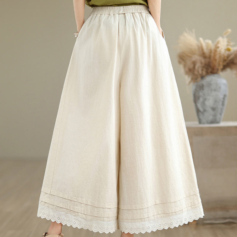 Buddha Stones通勤用シンプルレースデザイン7-8丈レディースワイドレッグコットンパンツ（ポケット付き） - image 4