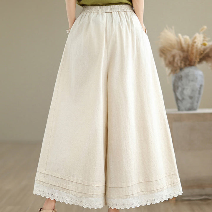Buddha Stones通勤用シンプルレースデザイン7-8丈レディースワイドレッグコットンパンツ（ポケット付き） - image 4