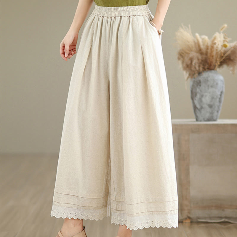 Buddha Stones通勤用 シンプル レースデザイン 7-8丈 レディース ワイドレッグ コットンリネン パンツ ポケット付き - image 5