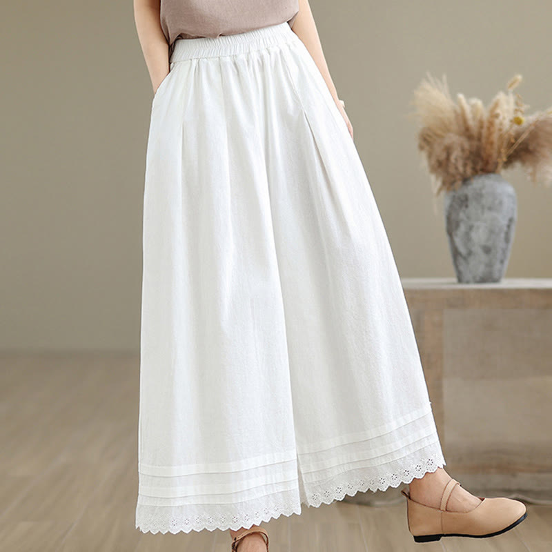 Buddha Stones通勤用 シンプル レースデザイン 7-8丈 レディース ワイドレッグ コットンリネン パンツ ポケット付き - image 17