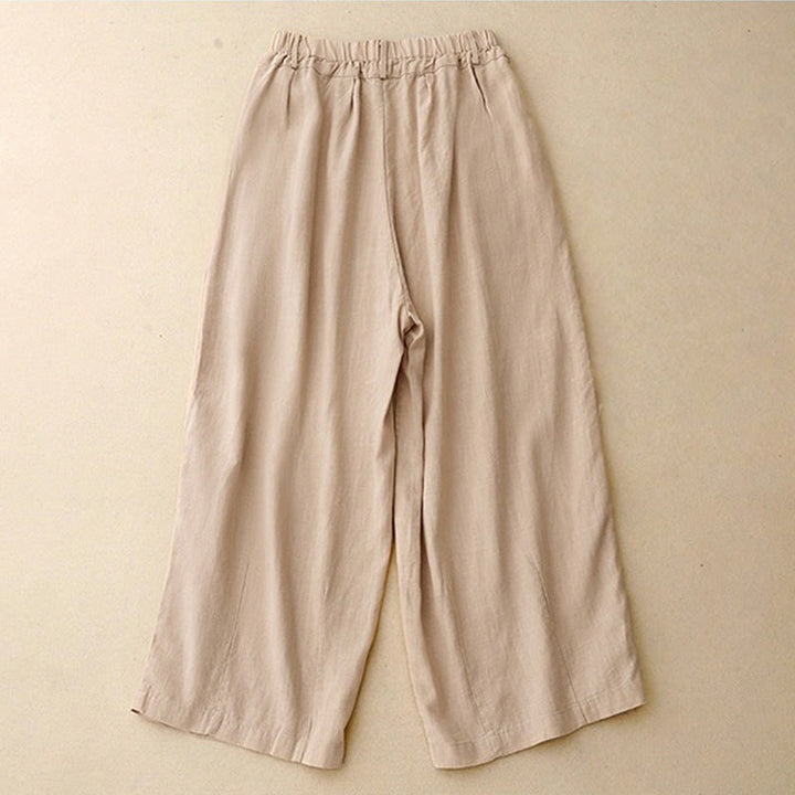 Buddha Stones通勤用ヴィンテージ無地レディースワイドレッグコットンパンツ（ポケット付き） - image 1