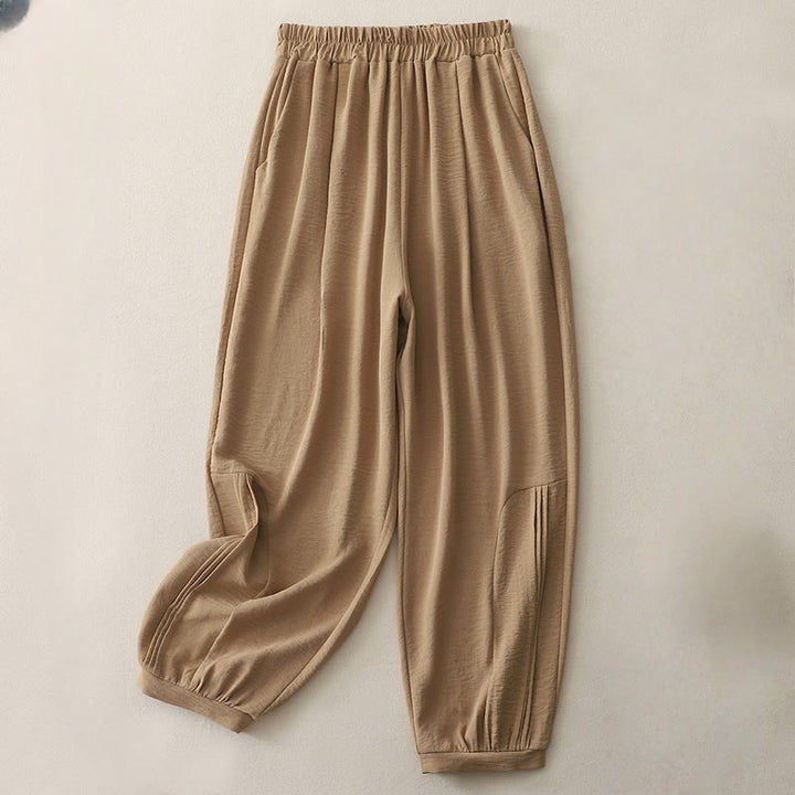 Buddha Stones夏通勤 無地プリーツデザイン 7-8丈 レディース ハーレム コットンリネン パンツ ポケット付き - ペルー - US8-10，UK/AU12-14，EU40-42 (2XL) - image 0