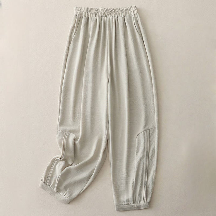 Buddha Stones夏通勤 無地プリーツデザイン 7-8丈 レディース ハーレム コットンリネン パンツ ポケット付き - リネン - US8-10，UK/AU12-14，EU40-42 (2XL) - image 2