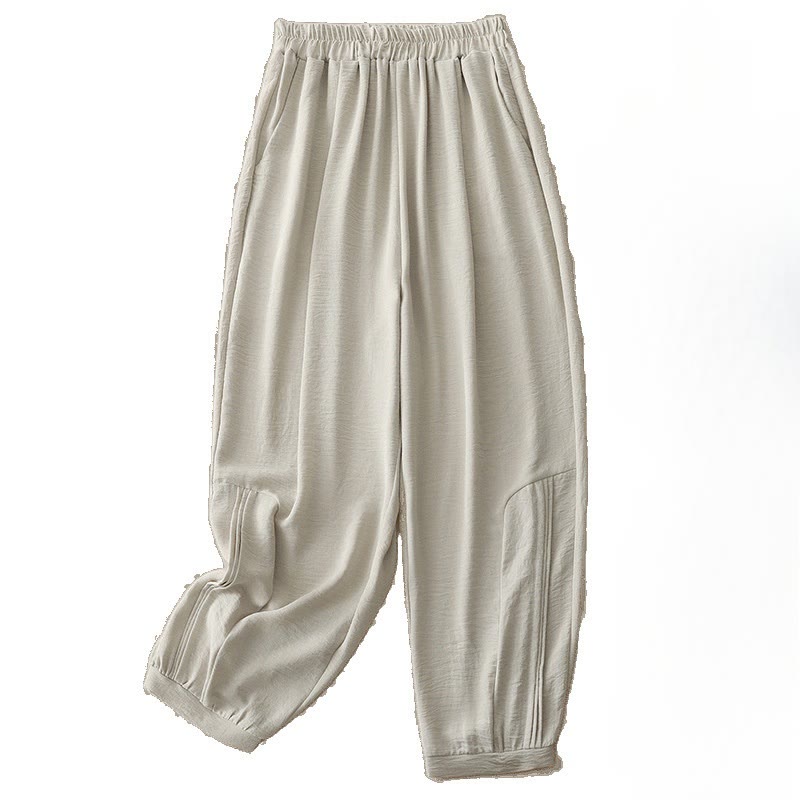 Buddha Stones夏通勤 無地プリーツデザイン 7-8丈 レディース ハーレム コットンリネン パンツ ポケット付き - image 4