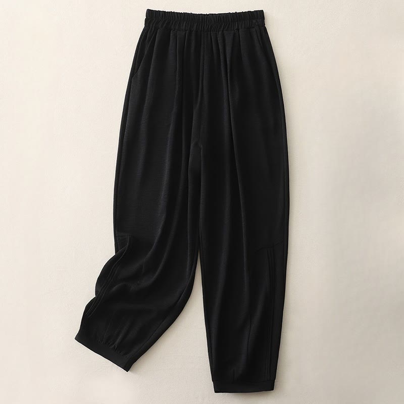 Buddha Stones夏通勤 無地プリーツデザイン 7-8丈 レディース ハーレム コットンリネン パンツ ポケット付き - 黒 - US8-10，UK/AU12-14，EU40-42 (2XL) - image 1