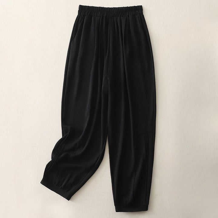 Buddha Stones夏通勤 無地プリーツデザイン 7-8丈 レディース ハーレム コットンリネン パンツ ポケット付き - 黒 - US8-10，UK/AU12-14，EU40-42 (2XL) - image 1