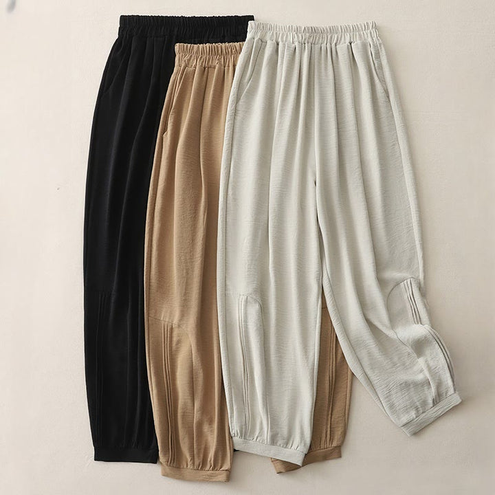 Buddha Stones夏通勤 無地プリーツデザイン 7-8丈 レディース ハーレム コットンリネン パンツ ポケット付き - image 5
