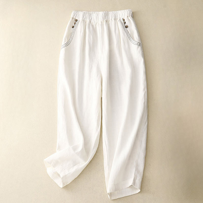Buddha Stones通勤カジュアル 純色ボタンデザイン 7-8丈 レディース ハーレム コットンパンツ ポケット付き - 白 - US8-10，UK/AU12-14，EU40-42 (2XL) - image 11