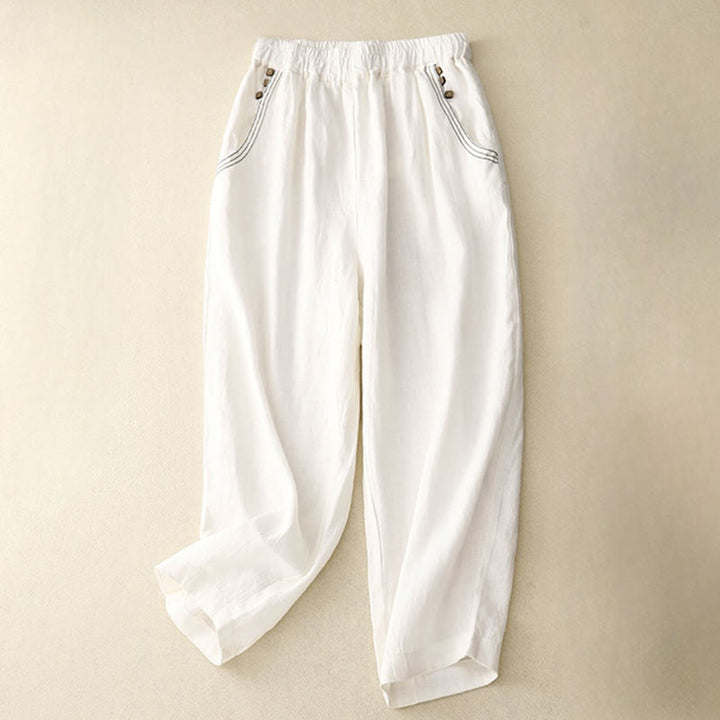 Buddha Stones通勤カジュアル 純色ボタンデザイン 7-8丈 レディース ハーレム コットンパンツ ポケット付き - 白 - US8-10，UK/AU12-14，EU40-42 (2XL) - image 11