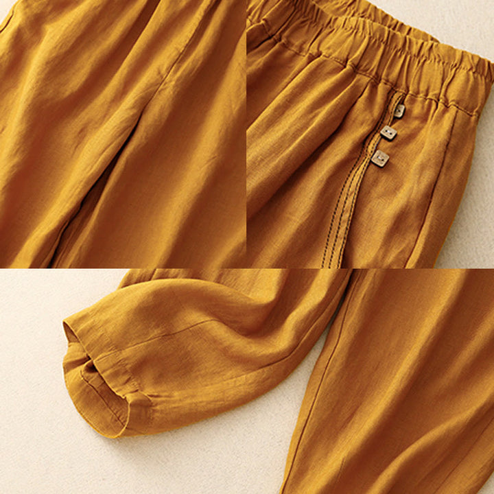 Buddha Stones通勤カジュアル 純色ボタンデザイン 7-8丈 レディース ハーレム コットンパンツ ポケット付き - image 16