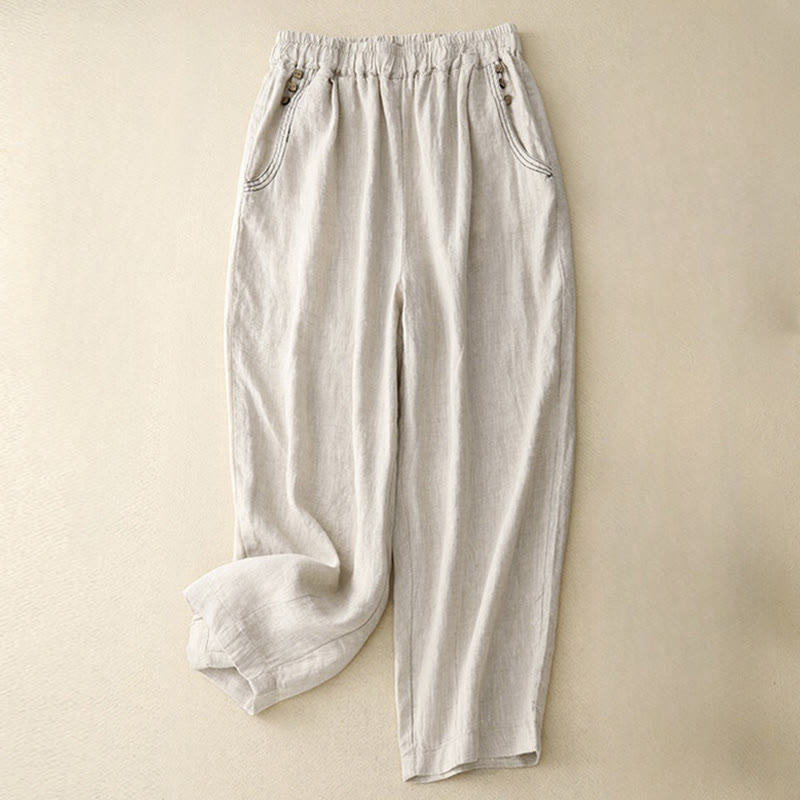 Buddha Stones通勤カジュアル 純色ボタンデザイン 7-8丈 レディース ハーレム コットンパンツ ポケット付き - リネン - US8-10，UK/AU12-14，EU40-42 (2XL) - image 3