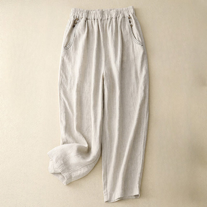 Buddha Stones通勤カジュアル 純色ボタンデザイン 7-8丈 レディース ハーレム コットンパンツ ポケット付き - リネン - US8-10，UK/AU12-14，EU40-42 (2XL) - image 3