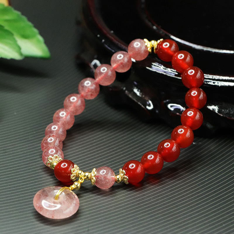 Buddha Stonesストロベリークォーツ レッドアゲート ピースバックル 幸運のブレスレット