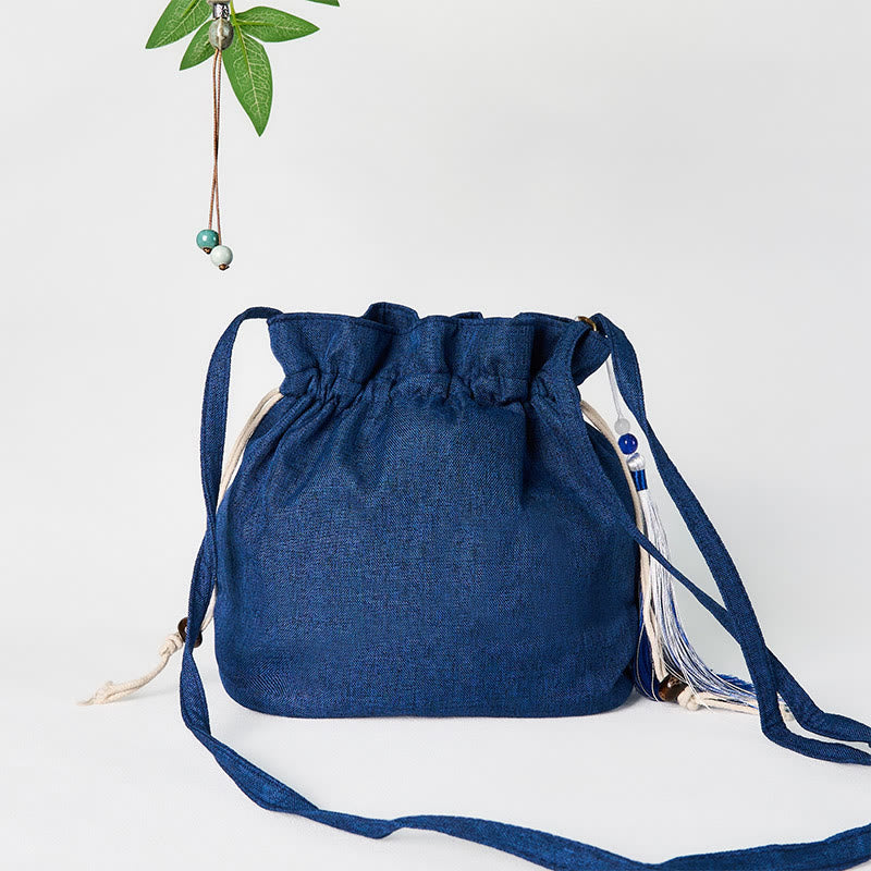 Buddha Stones刺繍入りネイビーブルークレーンコットンリネンクロスボディバッグショルダーバッグ