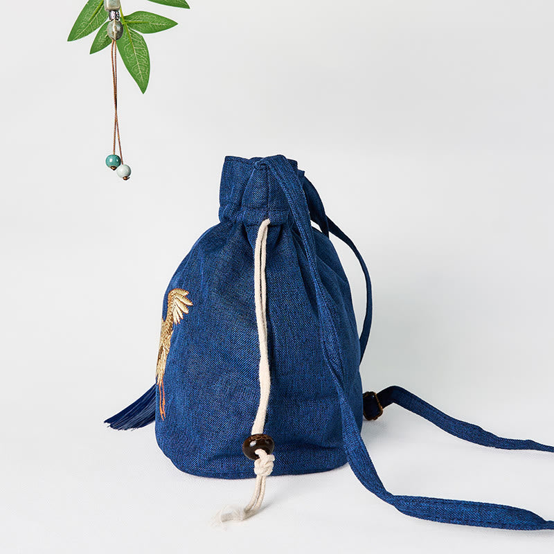 Buddha Stones刺繍入りネイビーブルークレーンコットンリネンクロスボディバッグショルダーバッグ