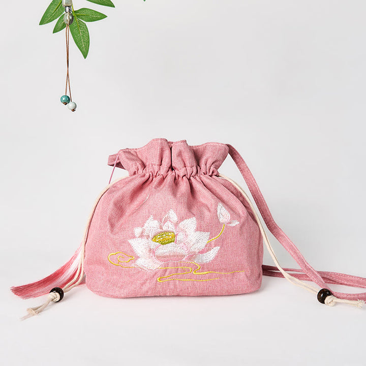 Buddha Stones刺繍入りライトピンクロータスコットンリネンクロスボディバッグショルダーバッグ