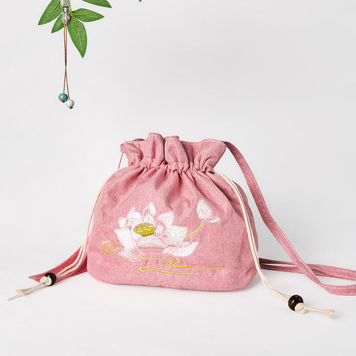 Buddha Stones刺繍入りライトピンクロータスコットンリネンクロスボディバッグショルダーバッグ